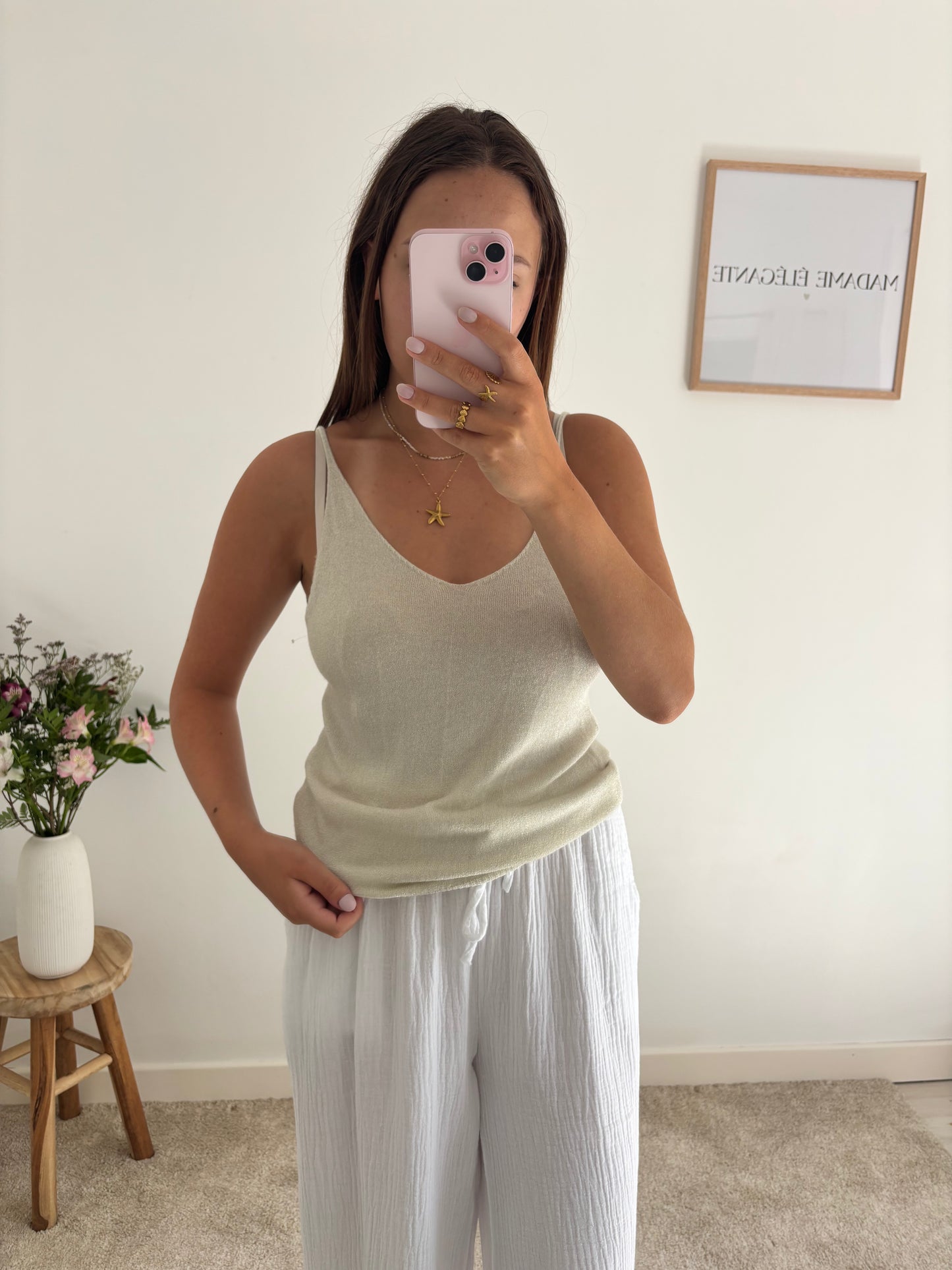 Top à paillettes beige