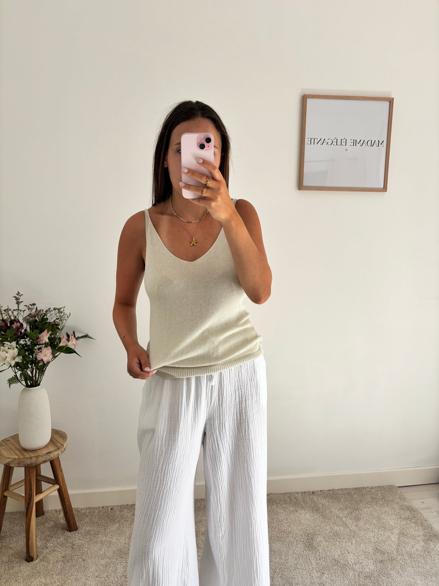 Top à paillettes beige