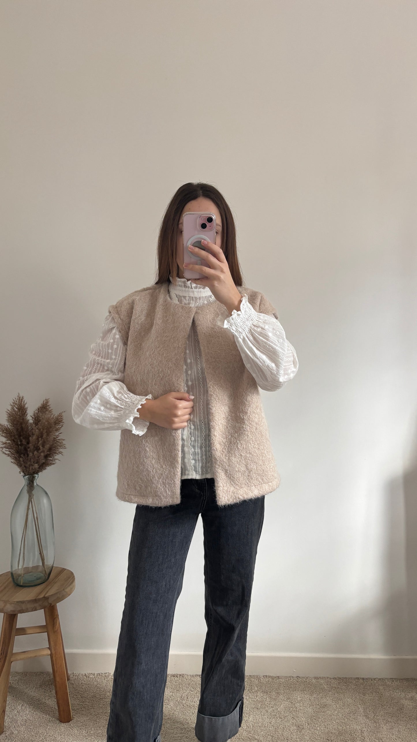 beige sleeveless vest