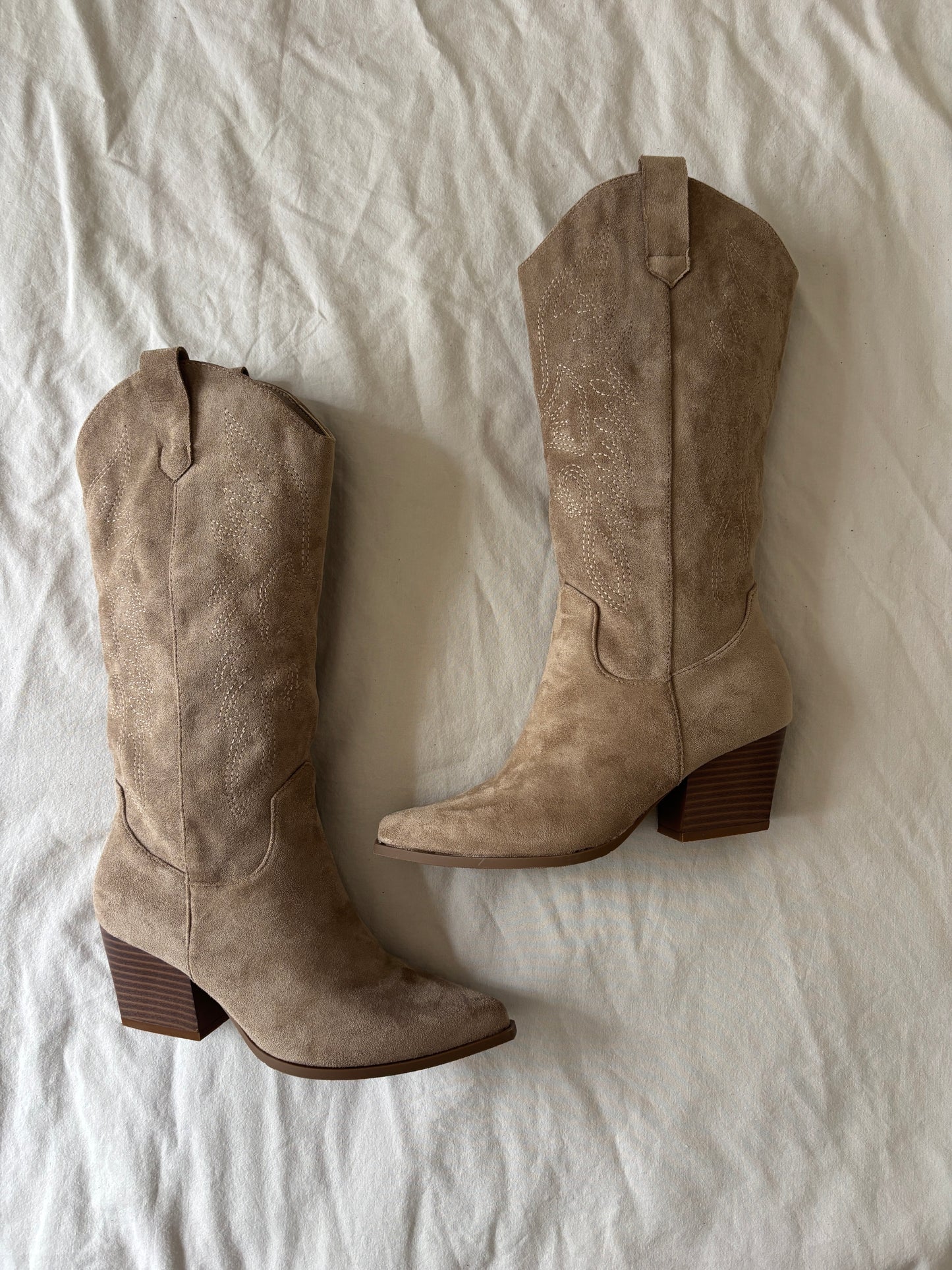 Taupe faux suede cowboy boots