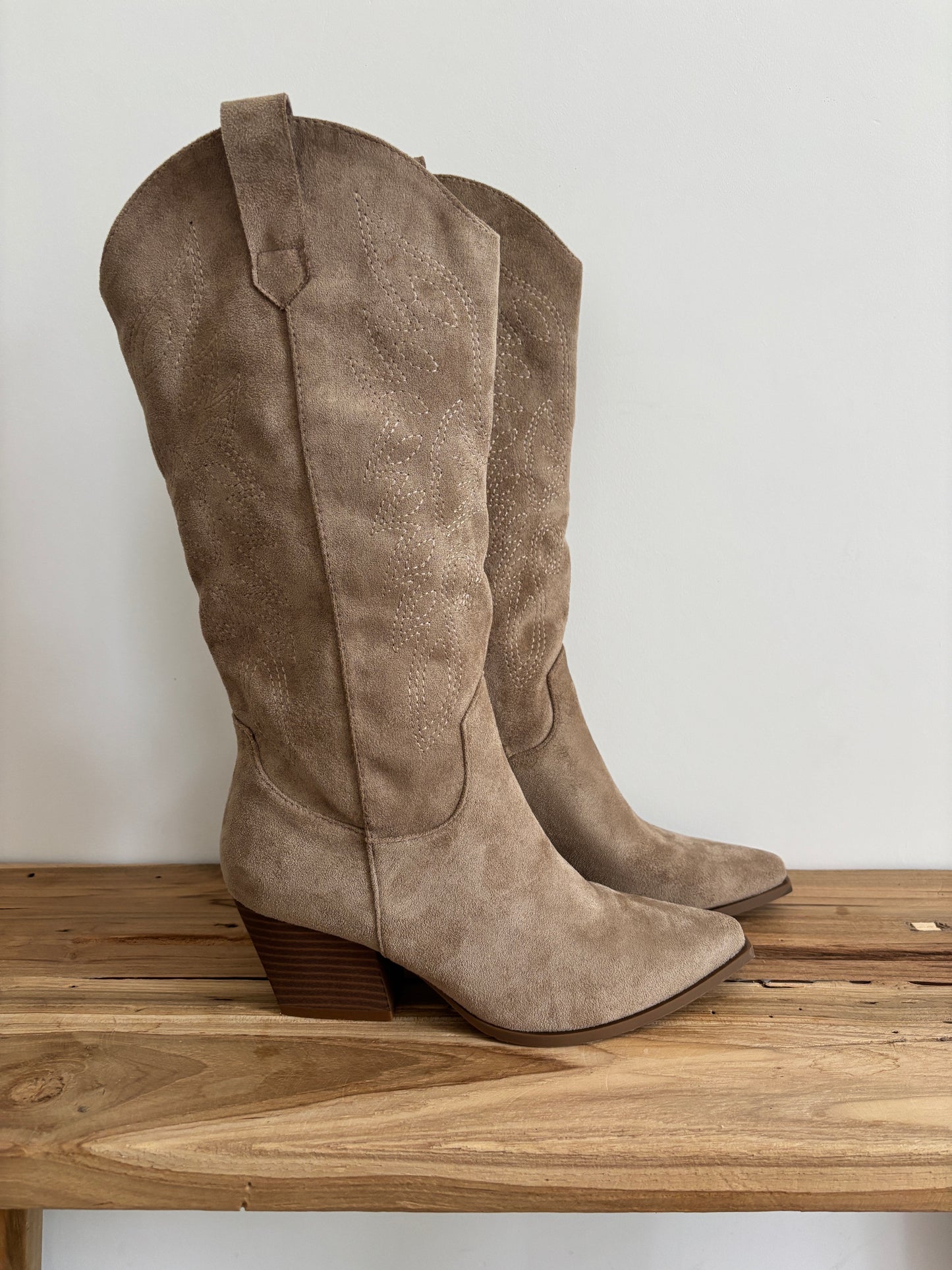 Taupe faux suede cowboy boots